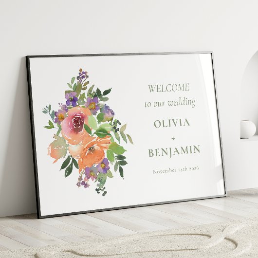 Poster Boho Purple Orange Floral Mariage Bienvenue