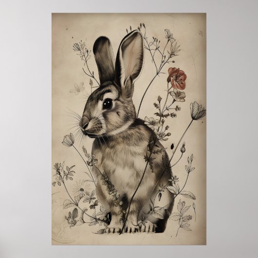 Poster Boho Rabbit Bunny Flower Print, Rustic Hare (Devant)