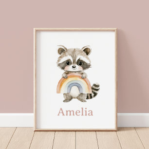 Poster Boho Raccoon Et Rainbow Baby Name Nursery Art