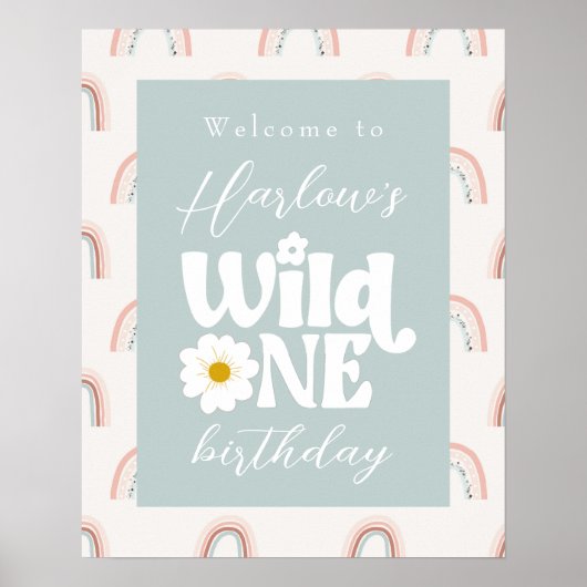 Poster Boho Rainbow Daisy Wild One first Bird Welcome (Devant)