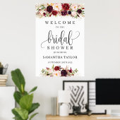 Poster Boho red marsala floral bridal shower welcome sign (Bureau à domicile)