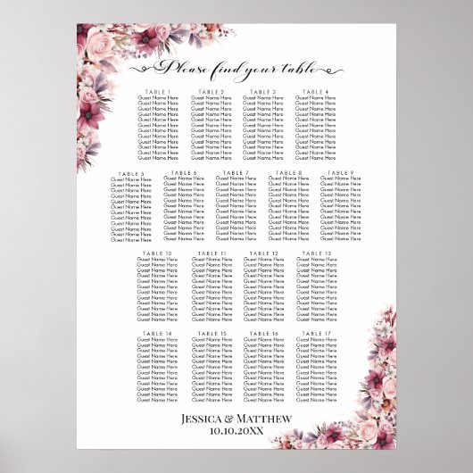 Poster Boho Rose Dusty Floral 17 Tables Siège Mariage (Devant)