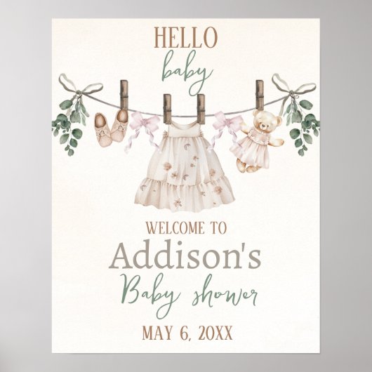 Poster Boho Rose fille Baby shower Vêtements bébé Bienven (Devant)