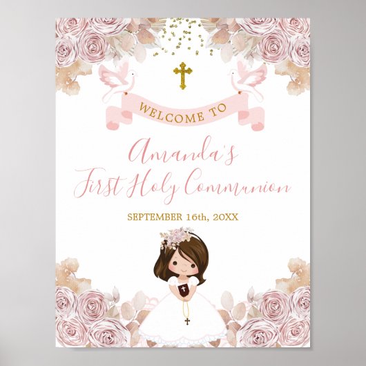 Poster Boho Rose Floral Girl First Holy Communion Bienven (Devant)
