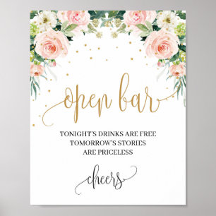Poster Boho rose floral or mariage ouvert signe bar