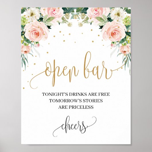 Poster Boho rose floral or mariage ouvert signe bar (Devant)