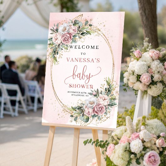 Poster Boho Rose Gold Floral Baby Shower Welcome Sign