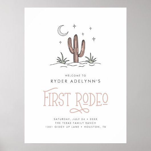 Poster Boho Rose Moderne Fille Premier Rodéo 1er Annivers (Devant)