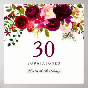 Poster Boho rouge bordeaux 30e fête d'anniversaire
