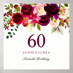 Poster Boho rouge bordeaux 60e fête d'anniversaire