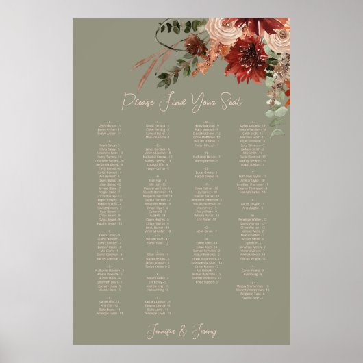 Poster Boho Rust Neutre Automne Floral Vert Mariage Siège (Devant)