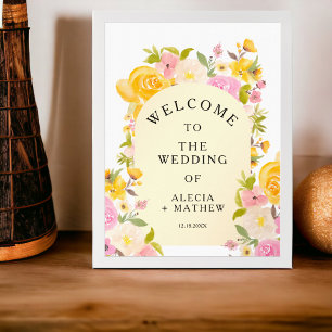 Poster Boho rustique prés jaune rose Mariage Bienvenue