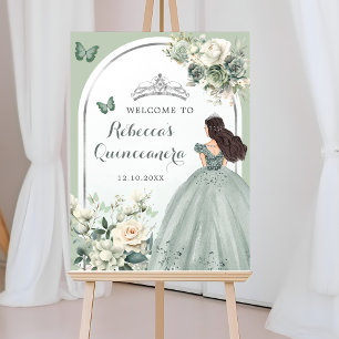 Poster Boho Sage Green Floral Quinceañera Bienvenue