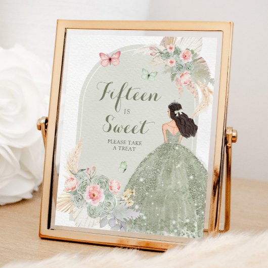 Poster Boho Sage Vert rose Quinceañera Quinze est doux