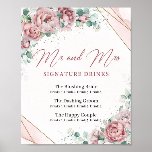 Poster Boho signe de boissons de signature florales rose (Devant)