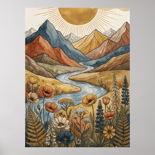 Poster Boho Soleil Éclatant Montagne Rivière Lupin (Devant)