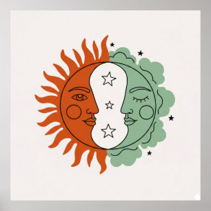 Poster Boho Soleil et Lune Visage Terre Cuite Vert Sauge