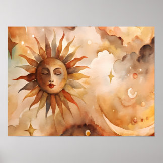Poster Boho Soleil & Lune | Décor Céleste Minimaliste pou