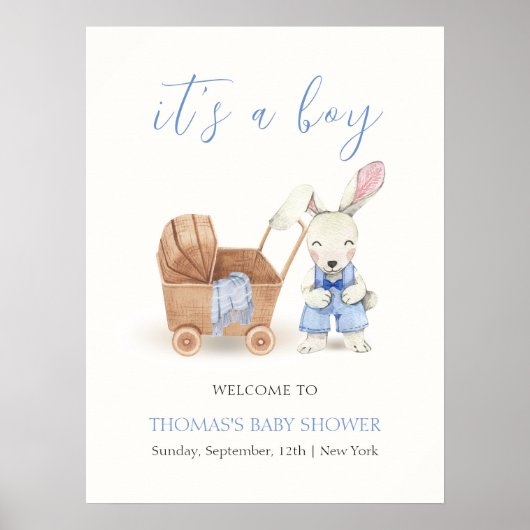 Poster Boho Stroller Rabbit Baby shower garçon Bienvenue (Devant)