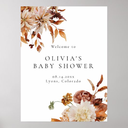 Poster Boho Terracotta Fall Floral Baby shower Bienvenue (Devant)