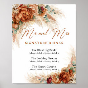 Poster Boho Terracotta pampas boissons signature Mr et Mr