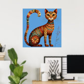 Poster Boho Tribal Chat Mignon Art Populaire avec Fleurs (Bureau à domicile)