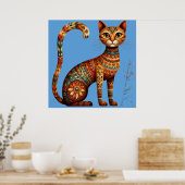 Poster Boho Tribal Chat Mignon Art Populaire avec Fleurs (Cuisine)