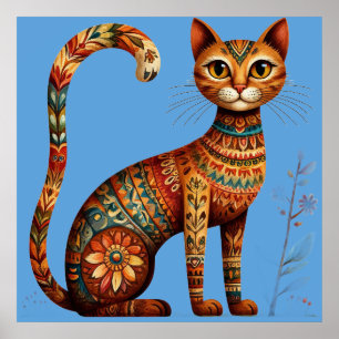 Poster Boho Tribal Chat Mignon Art Populaire avec Fleurs