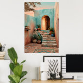 Poster Boho Turquoise Desert Courtyard, Rustic Staircase (Bureau à domicile)