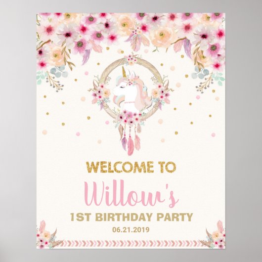 Poster Boho Unicorn Anniversaire Fête Bienvenue Floral Gr (Devant)
