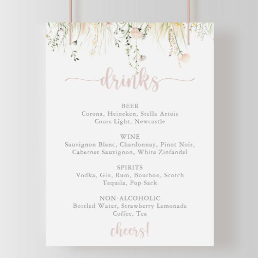 Poster Boho vert Fleur sauvage Mariage Menu Boissons Sign