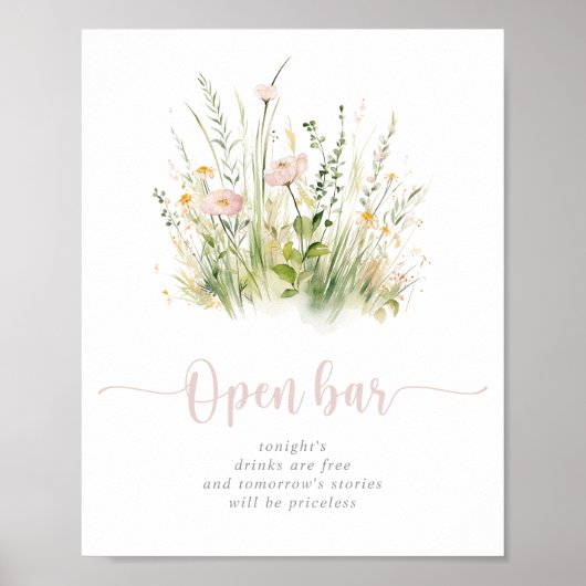 Poster Boho vert Fleur sauvage Mariage Open Bar Sign (Devant)