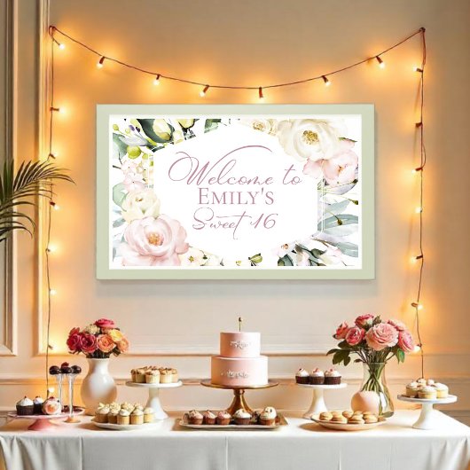 Poster Boho Vert Floral Frame Sweet 16 Welcome Banner