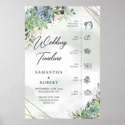 Poster Boho vert poussiéreux succulentes mariage doré Tim (Devant)
