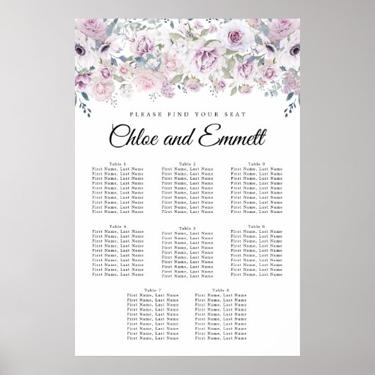 Poster Boho violet blanc floral 8 tables (Devant)