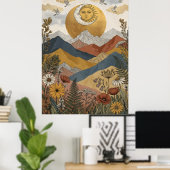 Poster Boho Visage Soleil Lune Montagnes Oiseaux (Bureau à domicile)