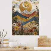 Poster Boho Visage Soleil Lune Montagnes Oiseaux (Cuisine)