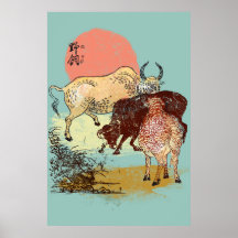 Boho water buffalos, illustration de style asiatiq