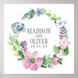 Poster Boho Watercolor Floral & Butterfly   MARIAGE