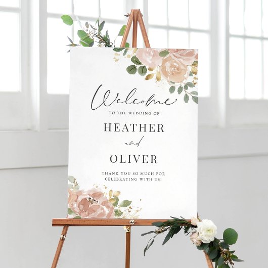 Poster Boho Watercolor Mauve Peach Flowers Mariage