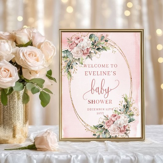 Poster Boho Welcome Blush Pink Flowers Baby Shower Sign