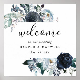 Poster Boho White Navy Peony Aquarelle Mariage Bienvenue