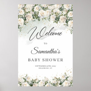 Poster Boho White Roses Floral Garden Baby shower accueil