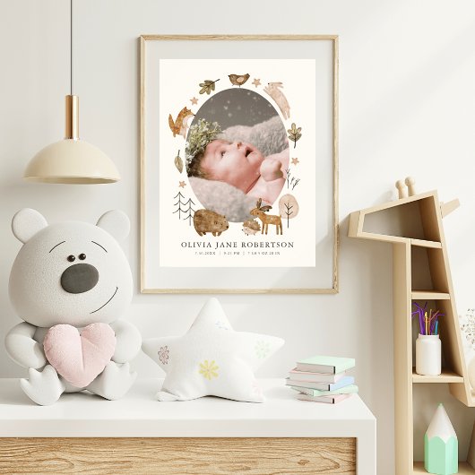 Poster Boho Woodland Animals Baby Stats Photo Nursery Art