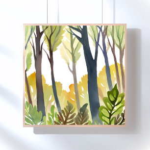Poster Bois à l'aquarelle Peinture de forêt verte de la
