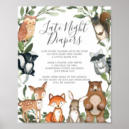 Poster Bois Animaux Baby shower Diapeurs nocturnes tardif (Devant)