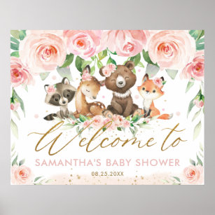 Poster Bois Animaux Baby shower rose Floral Bienvenue