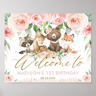 Poster Bois Animaux Rose Floral Anniversaire Bienvenue