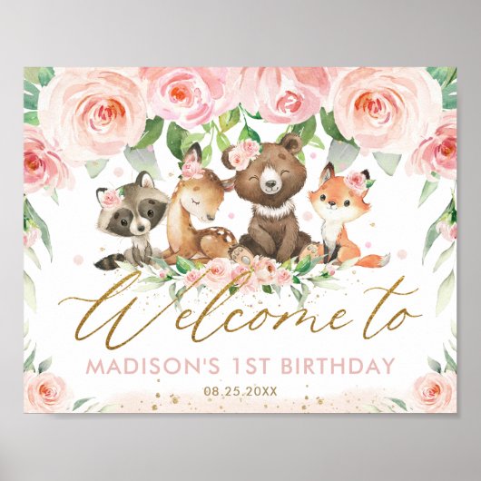 Poster Bois Animaux Rose Floral Anniversaire Bienvenue (Devant)