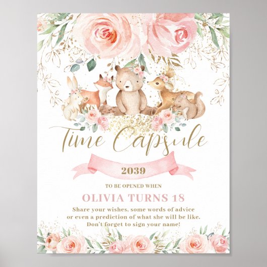 Poster Bois Animaux rose Floral Anniversaire Temps Capsul (Devant)